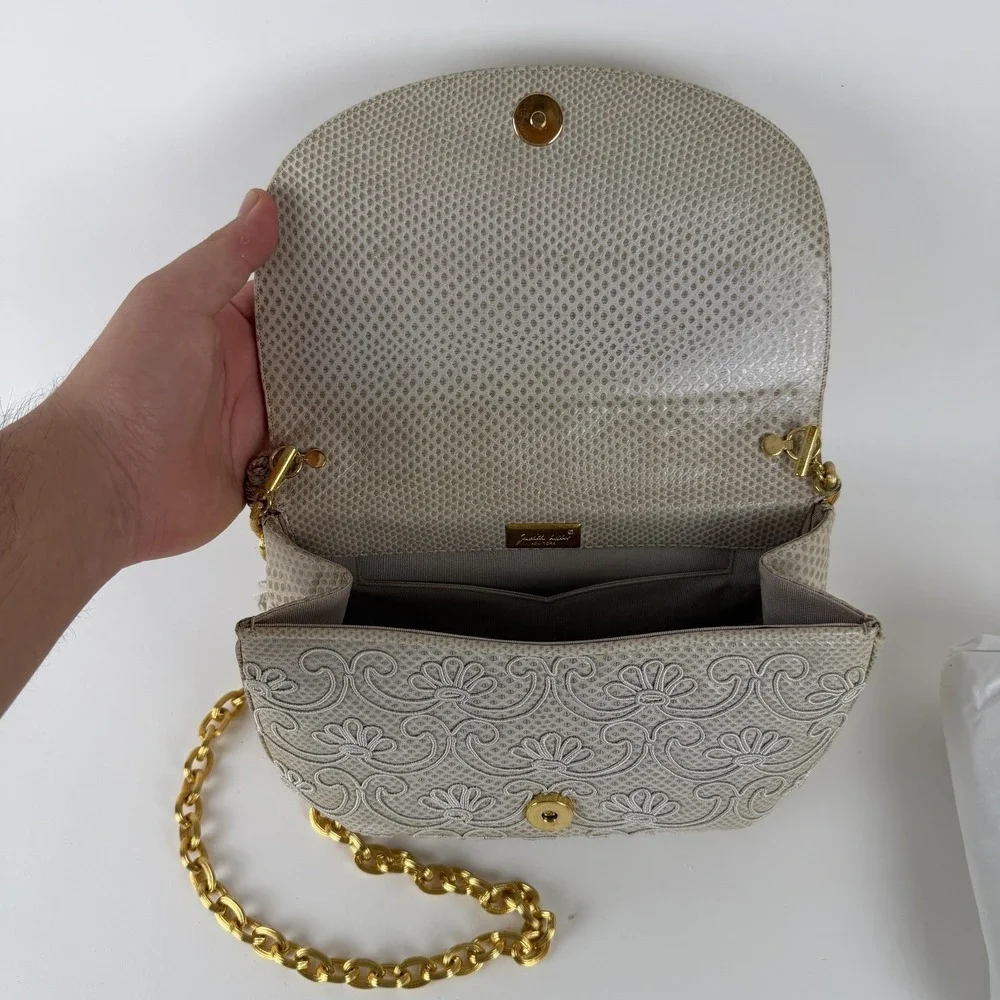 Vintage Judith Leiber Clutch Bag Womens Beige Reptile Leather Chain Tassel Italy